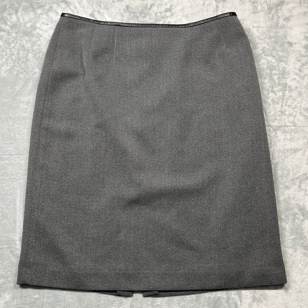 Tahari Pencil Skirt Womens Gray Faux Leather Trim Textured Professional Mid 14